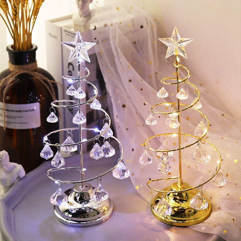 10" Glittering LED Crystal Christmas Tree Decor, Gold/Silver Metallic Tabletop Centerpiece for Holiday, Wedding & Home Decor