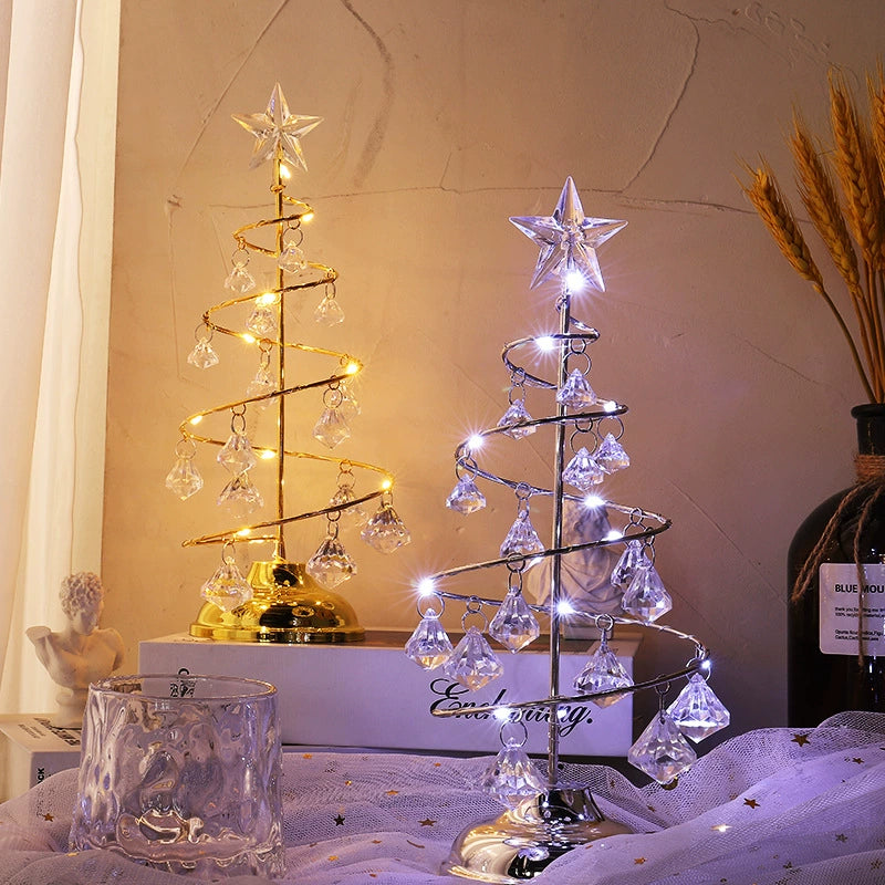 10" Glittering LED Crystal Christmas Tree Decor, Gold/Silver Metallic Tabletop Centerpiece for Holiday, Wedding & Home Decor