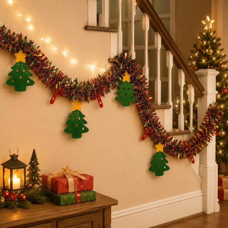 6.5ft Christmas Garland with Lights, Felt Trees & Pom Poms - Holiday Party Decor for Home, Weddings, Store Displays, DIY Seasonal Styling