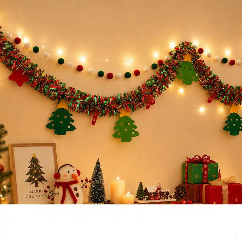 6.5ft Christmas Garland with Lights, Felt Trees & Pom Poms - Holiday Party Decor for Home, Weddings, Store Displays, DIY Seasonal Styling
