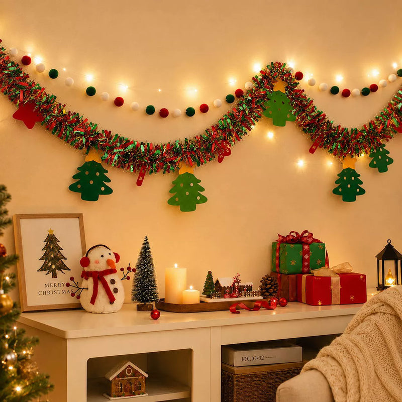 6.5ft Christmas Garland with Lights, Felt Trees & Pom Poms - Holiday Party Decor for Home, Weddings, Store Displays, DIY Seasonal Styling
