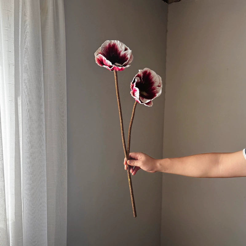 30" Real-Touch Poppy Stems, 2 Blooms per Stem (5.5" Wide) - Lifelike Faux Flowers for Weddings, Home Decor, Vase Arrangements in Deep Purple, Burgundy & Espresso