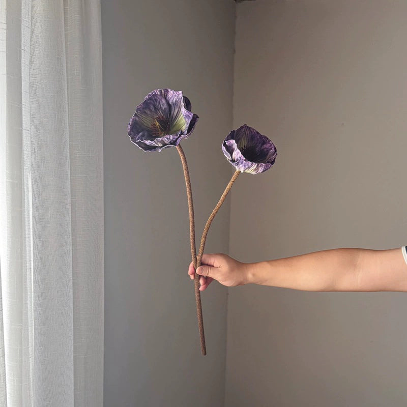 30" Real-Touch Poppy Stems, 2 Blooms per Stem (5.5" Wide) - Lifelike Faux Flowers for Weddings, Home Decor, Vase Arrangements in Deep Purple, Burgundy & Espresso