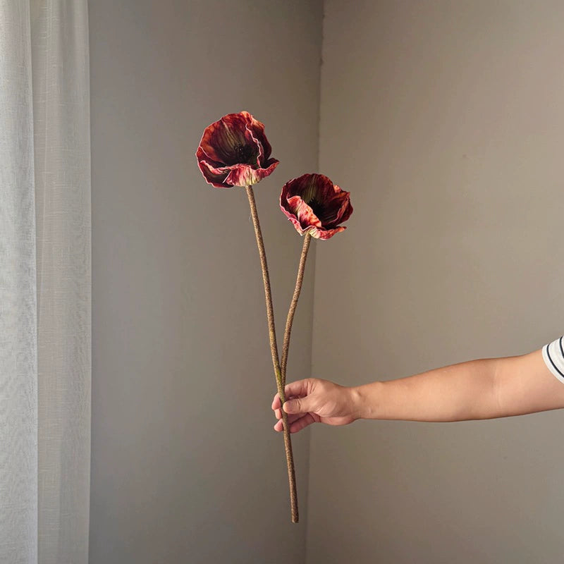 30" Real-Touch Poppy Stems, 2 Blooms per Stem (5.5" Wide) - Lifelike Faux Flowers for Weddings, Home Decor, Vase Arrangements in Deep Purple, Burgundy & Espresso