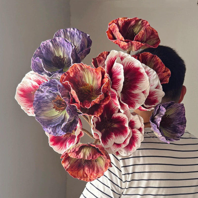 30" Real-Touch Poppy Stems, 2 Blooms per Stem (5.5" Wide) - Lifelike Faux Flowers for Weddings, Home Decor, Vase Arrangements in Deep Purple, Burgundy & Espresso