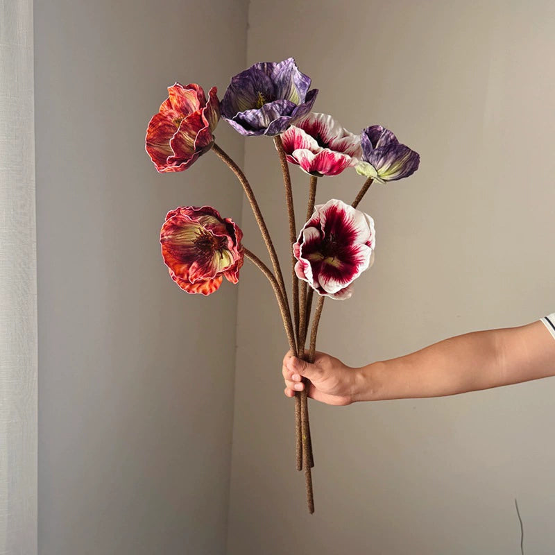 30" Real-Touch Poppy Stems, 2 Blooms per Stem (5.5" Wide) - Lifelike Faux Flowers for Weddings, Home Decor, Vase Arrangements in Deep Purple, Burgundy & Espresso