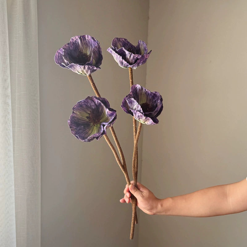 30" Real-Touch Poppy Stems, 2 Blooms per Stem (5.5" Wide) - Lifelike Faux Flowers for Weddings, Home Decor, Vase Arrangements in Deep Purple, Burgundy & Espresso