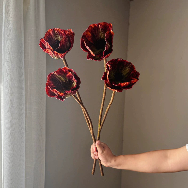30" Real-Touch Poppy Stems, 2 Blooms per Stem (5.5" Wide) - Lifelike Faux Flowers for Weddings, Home Decor, Vase Arrangements in Deep Purple, Burgundy & Espresso