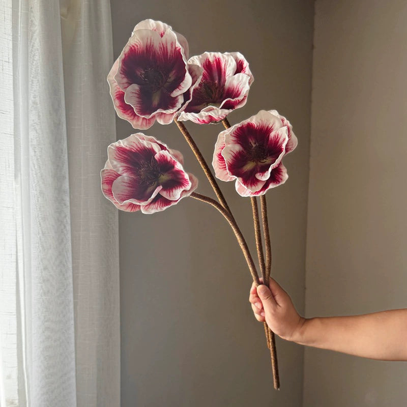 30" Real-Touch Poppy Stems, 2 Blooms per Stem (5.5" Wide) - Lifelike Faux Flowers for Weddings, Home Decor, Vase Arrangements in Deep Purple, Burgundy & Espresso