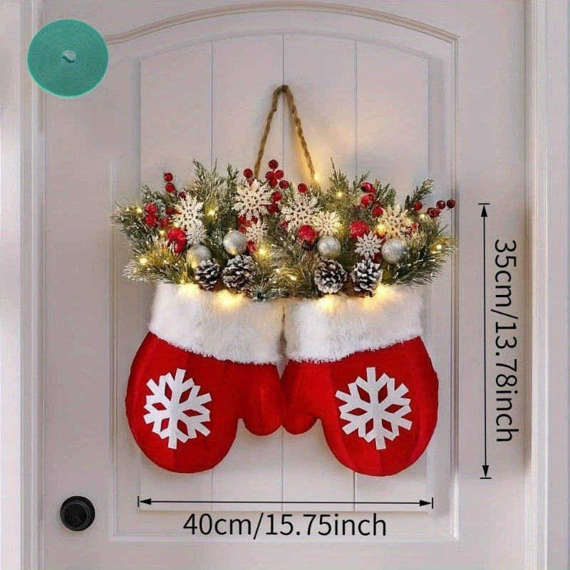 Glowing Christmas Glove Wreath - 16" LED Holiday Decor, Realistic Faux Greenery for Door, Mantel, Table Centerpiece, Wedding & Party Decorations