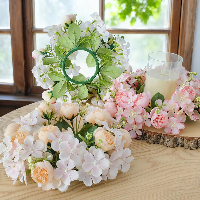 Wedding Peony & Wildflower Candle Ring - 9" Artificial Silk Floral Arrangement for Centerpieces, Boho Home Decor, DIY Events