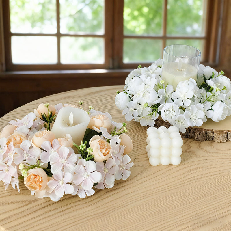 Wedding Peony & Wildflower Candle Ring - 9" Artificial Silk Floral Arrangement for Centerpieces, Boho Home Decor, DIY Events