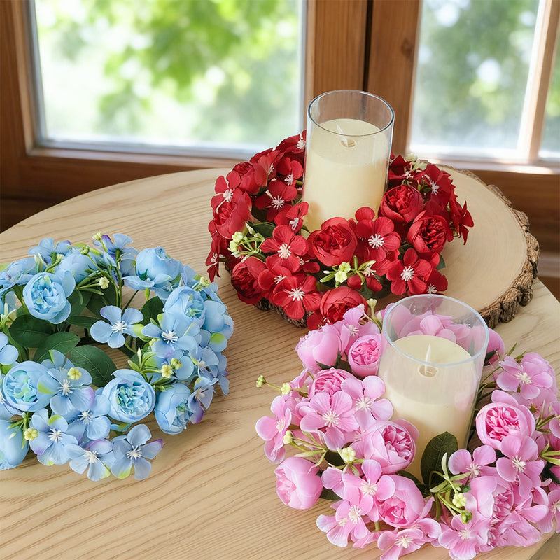 Wedding Peony & Wildflower Candle Ring - 9" Artificial Silk Floral Arrangement for Centerpieces, Boho Home Decor, DIY Events