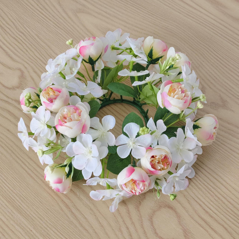 Wedding Peony & Wildflower Candle Ring - 9" Artificial Silk Floral Arrangement for Centerpieces, Boho Home Decor, DIY Events