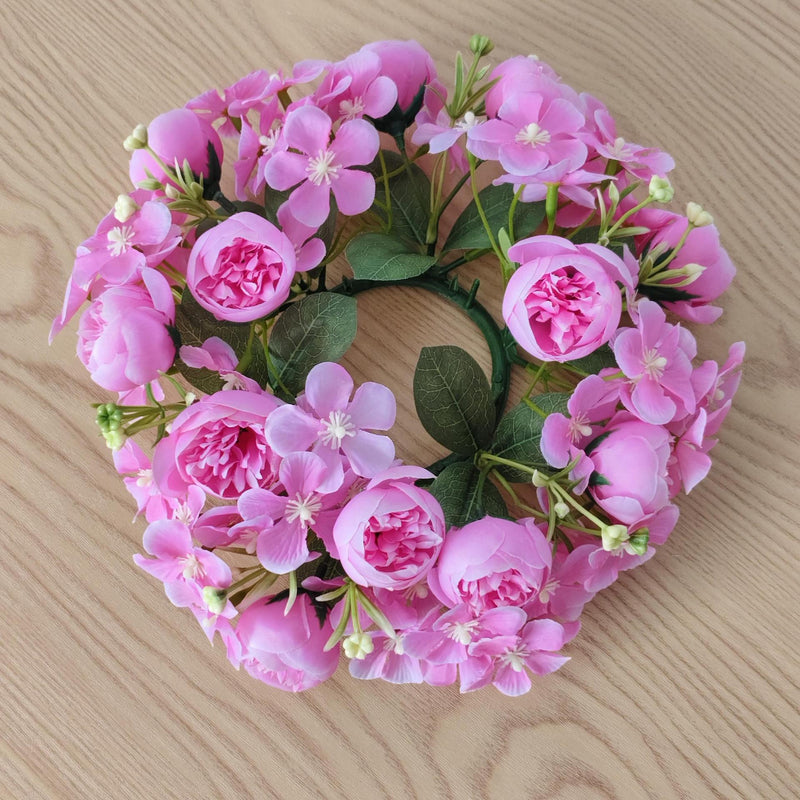 Wedding Peony & Wildflower Candle Ring - 9" Artificial Silk Floral Arrangement for Centerpieces, Boho Home Decor, DIY Events