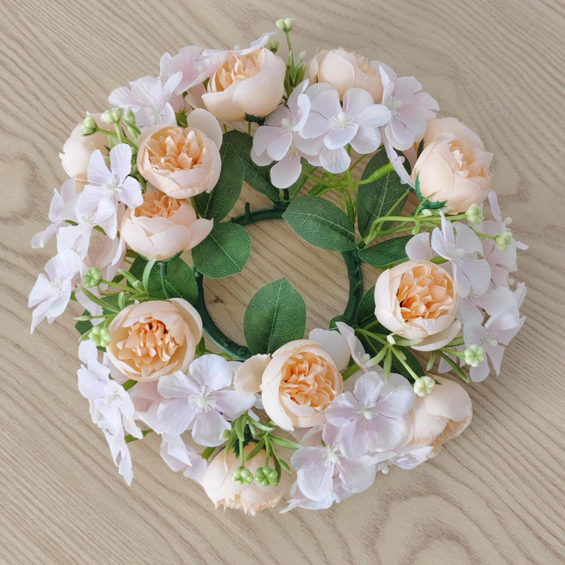 Wedding Peony & Wildflower Candle Ring - 9" Artificial Silk Floral Arrangement for Centerpieces, Boho Home Decor, DIY Events