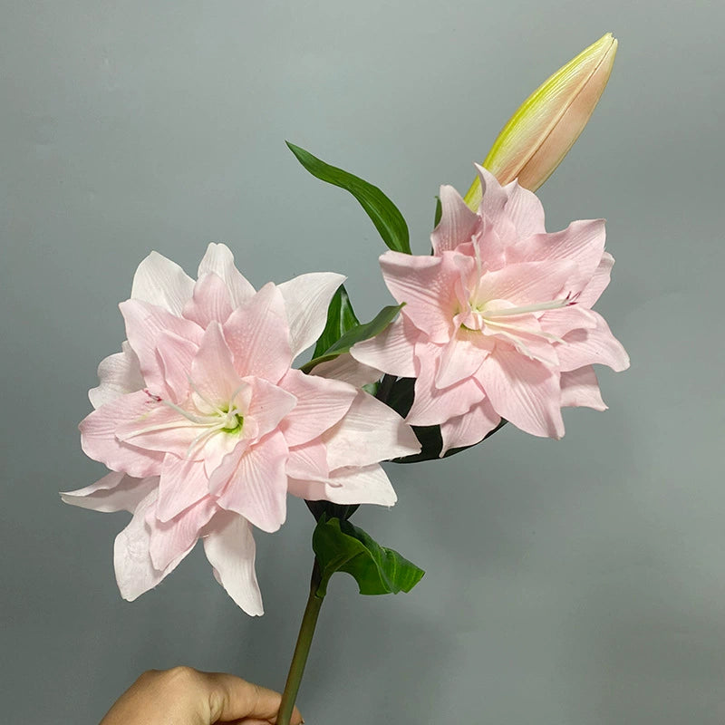 Realistic Double Bloom Artificial Lilies, 31" Soft-Touch PU Stem with 2 Flowers & Bud, 6" Flower Heads, Home Decor, Wedding Centerpieces, Floral Arrangements