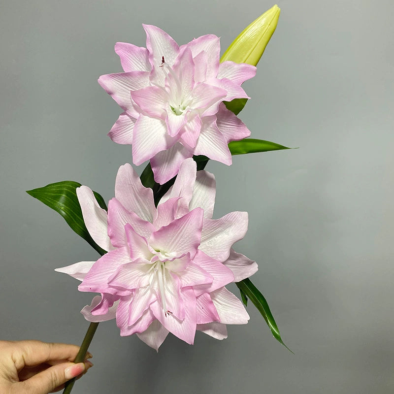 Realistic Double Bloom Artificial Lilies, 31" Soft-Touch PU Stem with 2 Flowers & Bud, 6" Flower Heads, Home Decor, Wedding Centerpieces, Floral Arrangements