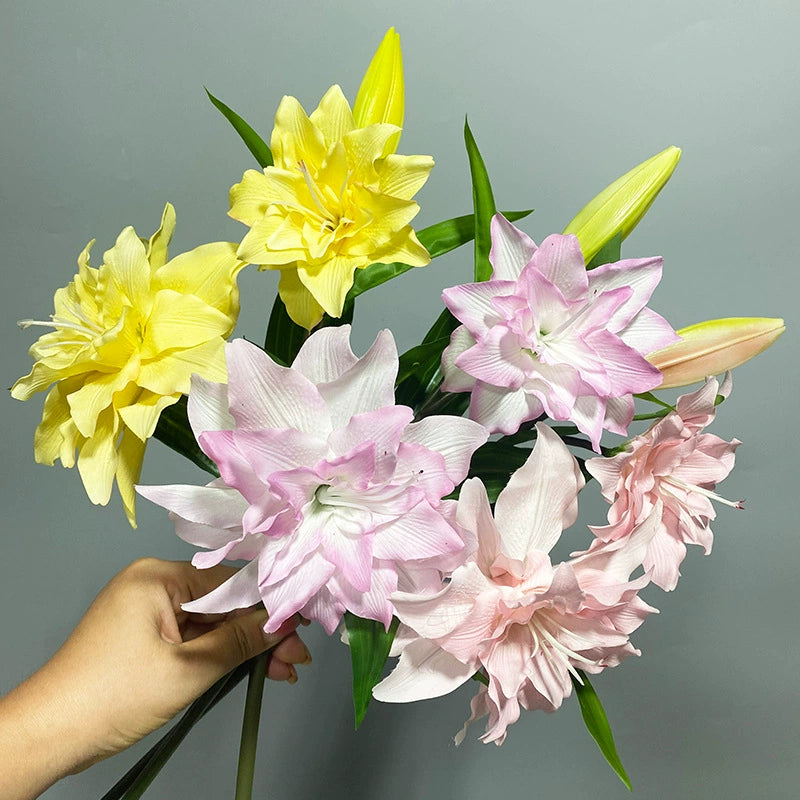 Realistic Double Bloom Artificial Lilies, 31" Soft-Touch PU Stem with 2 Flowers & Bud, 6" Flower Heads, Home Decor, Wedding Centerpieces, Floral Arrangements