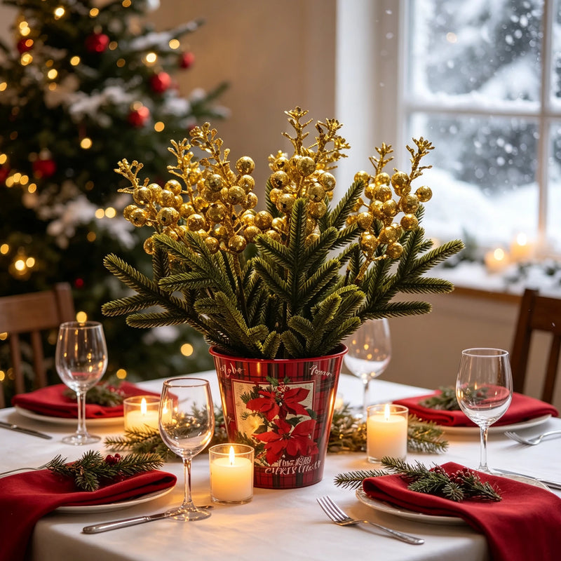 12" Golden Berry Pine Branch Potted Plant, Silk Faux Evergreen with Metallic Bucket, Christmas Decor, Home, Wedding, Event Centerpiece