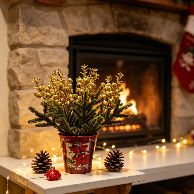 12" Golden Berry Pine Branch Potted Plant, Silk Faux Evergreen with Metallic Bucket, Christmas Decor, Home, Wedding, Event Centerpiece