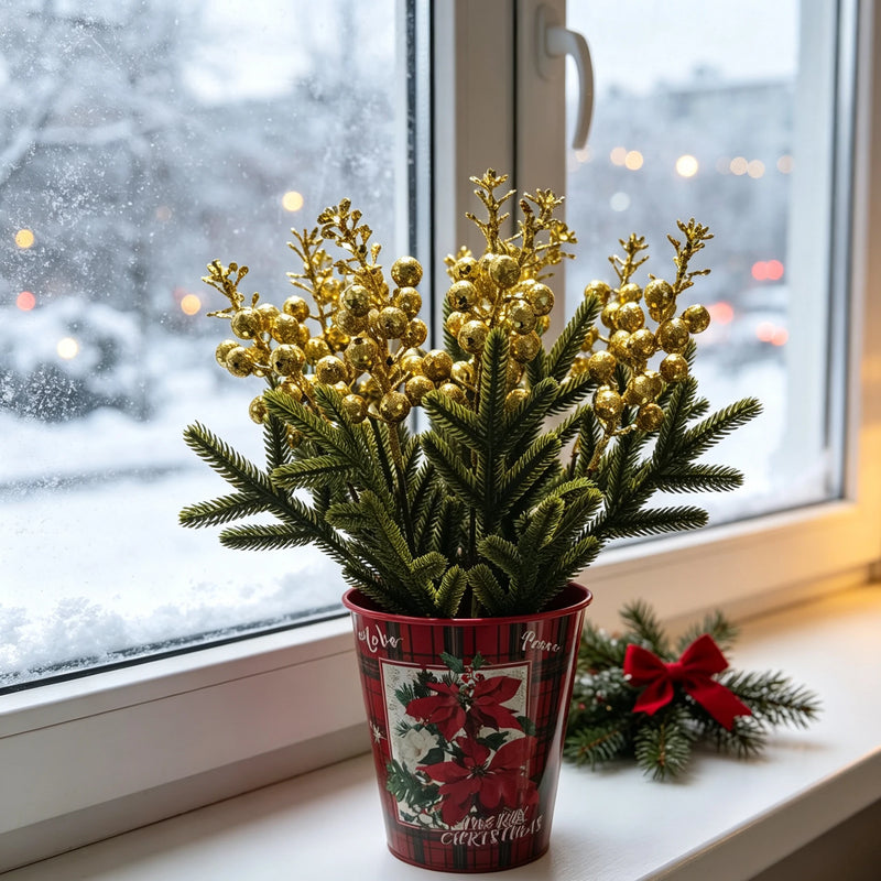 12" Golden Berry Pine Branch Potted Plant, Silk Faux Evergreen with Metallic Bucket, Christmas Decor, Home, Wedding, Event Centerpiece