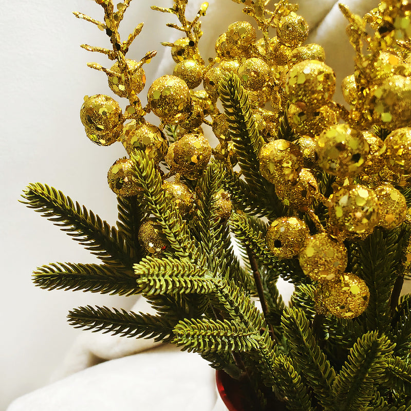 12" Golden Berry Pine Branch Potted Plant, Silk Faux Evergreen with Metallic Bucket, Christmas Decor, Home, Wedding, Event Centerpiece