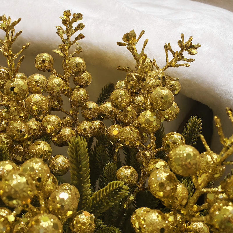 12" Golden Berry Pine Branch Potted Plant, Silk Faux Evergreen with Metallic Bucket, Christmas Decor, Home, Wedding, Event Centerpiece