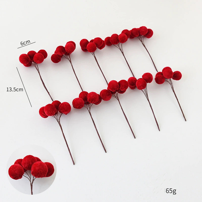 Velvet 6-Prong Berry Stems, Set of 10, 5.5" Length with 2.5" Clusters - Christmas Tree Decor, DIY Wreaths, Holiday Centerpieces, Wedding & Home Decor