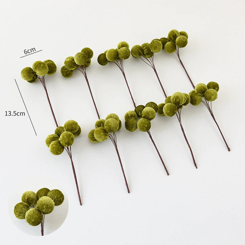 Velvet 6-Prong Berry Stems, Set of 10, 5.5" Length with 2.5" Clusters - Christmas Tree Decor, DIY Wreaths, Holiday Centerpieces, Wedding & Home Decor