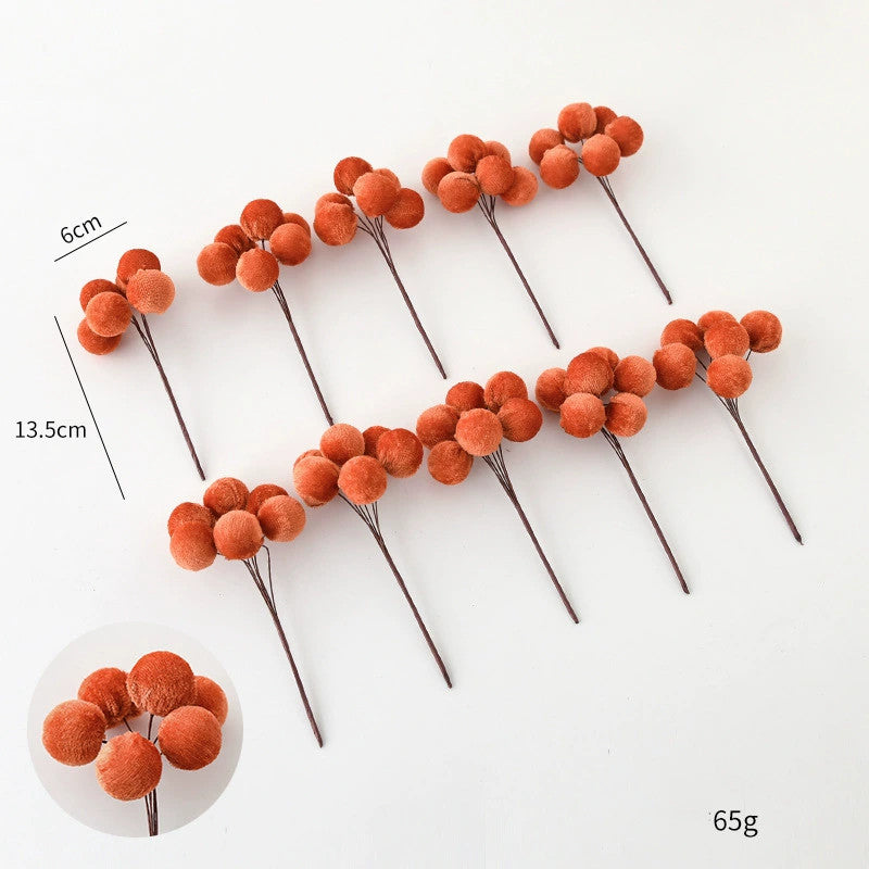 Velvet 6-Prong Berry Stems, Set of 10, 5.5" Length with 2.5" Clusters - Christmas Tree Decor, DIY Wreaths, Holiday Centerpieces, Wedding & Home Decor