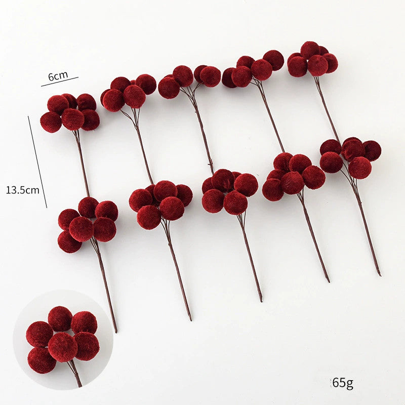 Velvet 6-Prong Berry Stems, Set of 10, 5.5" Length with 2.5" Clusters - Christmas Tree Decor, DIY Wreaths, Holiday Centerpieces, Wedding & Home Decor