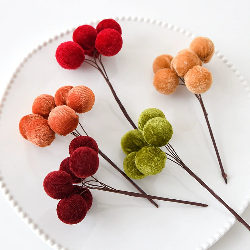 Velvet 6-Prong Berry Stems, Set of 10, 5.5" Length with 2.5" Clusters - Christmas Tree Decor, DIY Wreaths, Holiday Centerpieces, Wedding & Home Decor
