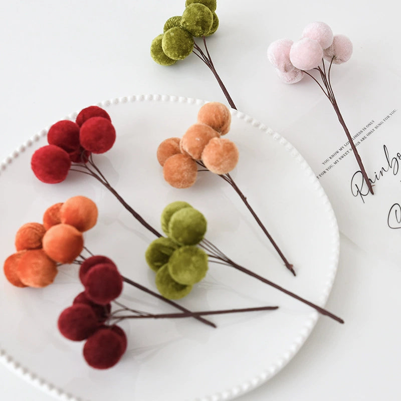 Velvet 6-Prong Berry Stems, Set of 10, 5.5" Length with 2.5" Clusters - Christmas Tree Decor, DIY Wreaths, Holiday Centerpieces, Wedding & Home Decor