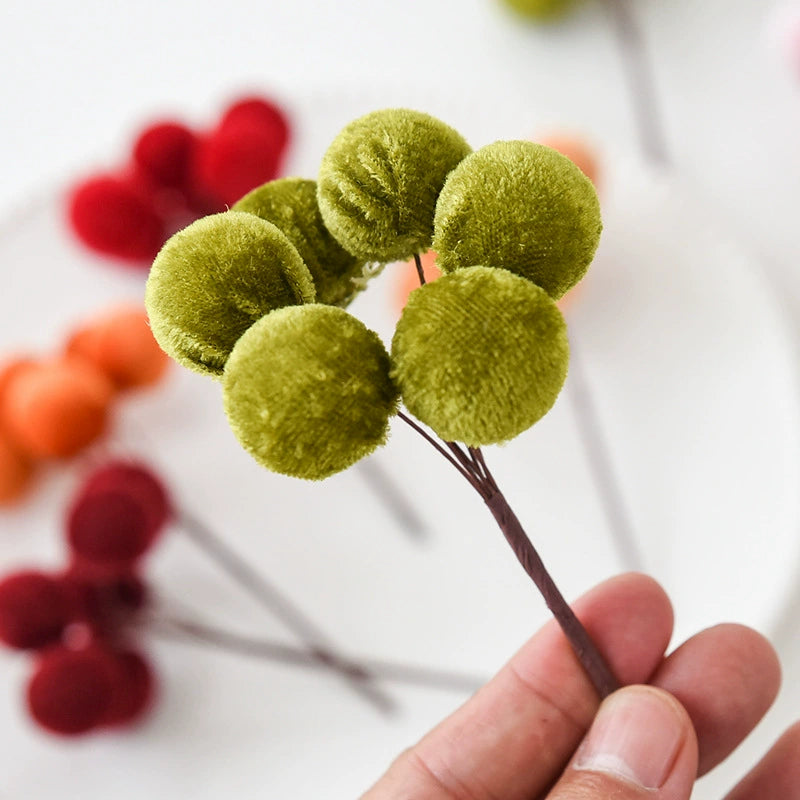 Velvet 6-Prong Berry Stems, Set of 10, 5.5" Length with 2.5" Clusters - Christmas Tree Decor, DIY Wreaths, Holiday Centerpieces, Wedding & Home Decor