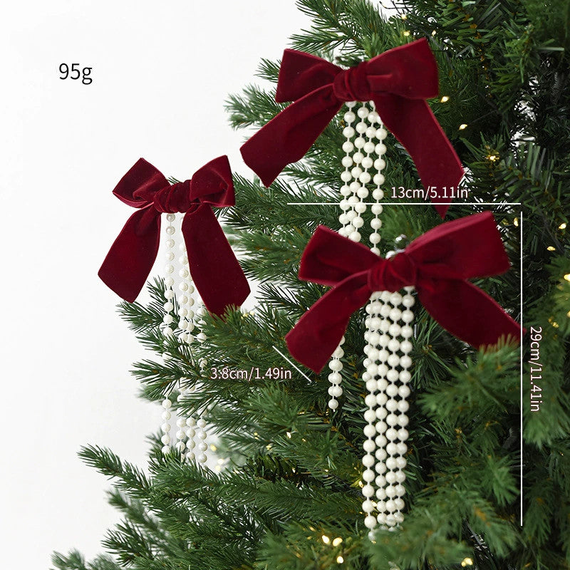 Christmas Pearl Bow Ornaments Set - 3 Sizes (20", 15", 10") in Burgundy, Forest Green & Cream - Elegant Tree & Window Decor for Holidays, Weddings & Home