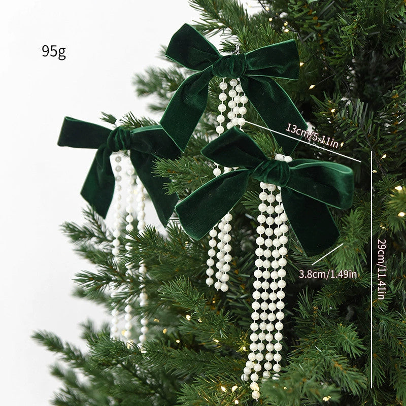 Christmas Pearl Bow Ornaments Set - 3 Sizes (20", 15", 10") in Burgundy, Forest Green & Cream - Elegant Tree & Window Decor for Holidays, Weddings & Home
