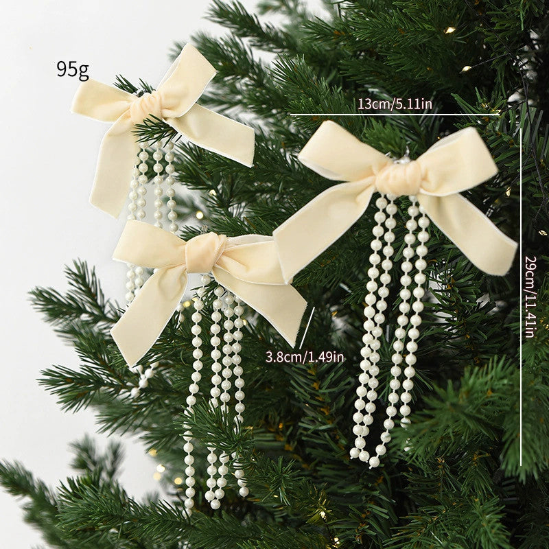 Christmas Pearl Bow Ornaments Set - 3 Sizes (20", 15", 10") in Burgundy, Forest Green & Cream - Elegant Tree & Window Decor for Holidays, Weddings & Home
