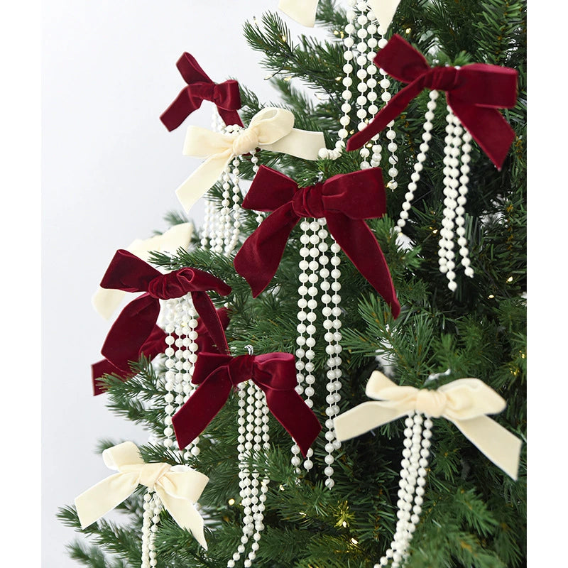 Christmas Pearl Bow Ornaments Set - 3 Sizes (20", 15", 10") in Burgundy, Forest Green & Cream - Elegant Tree & Window Decor for Holidays, Weddings & Home