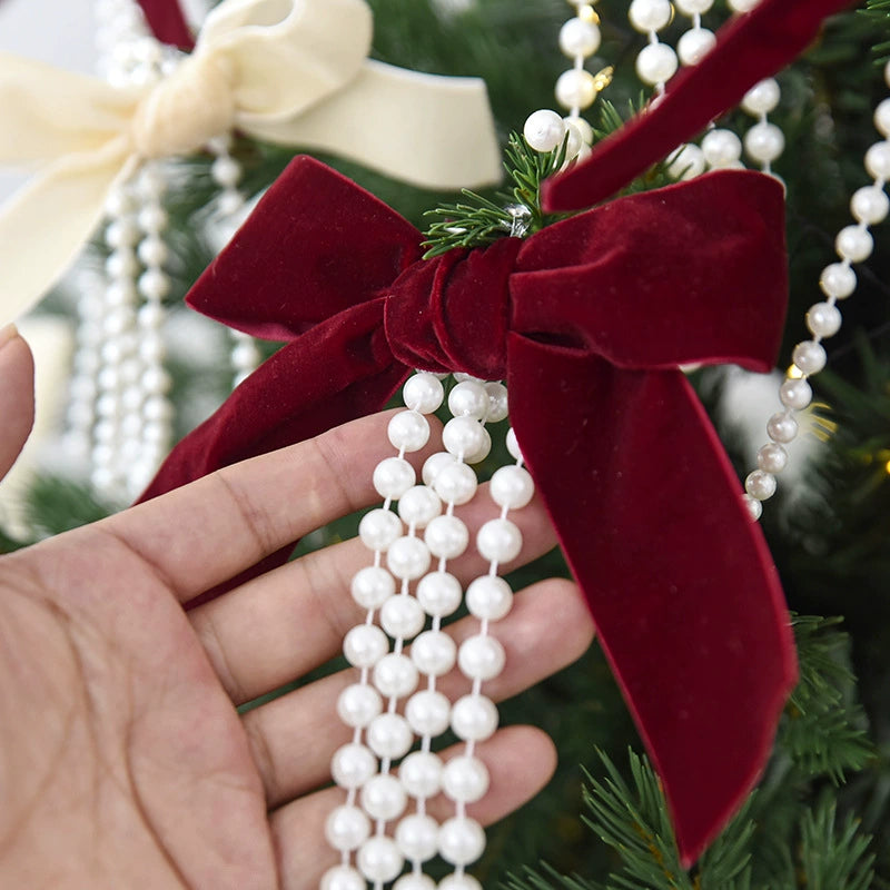 Christmas Pearl Bow Ornaments Set - 3 Sizes (20", 15", 10") in Burgundy, Forest Green & Cream - Elegant Tree & Window Decor for Holidays, Weddings & Home