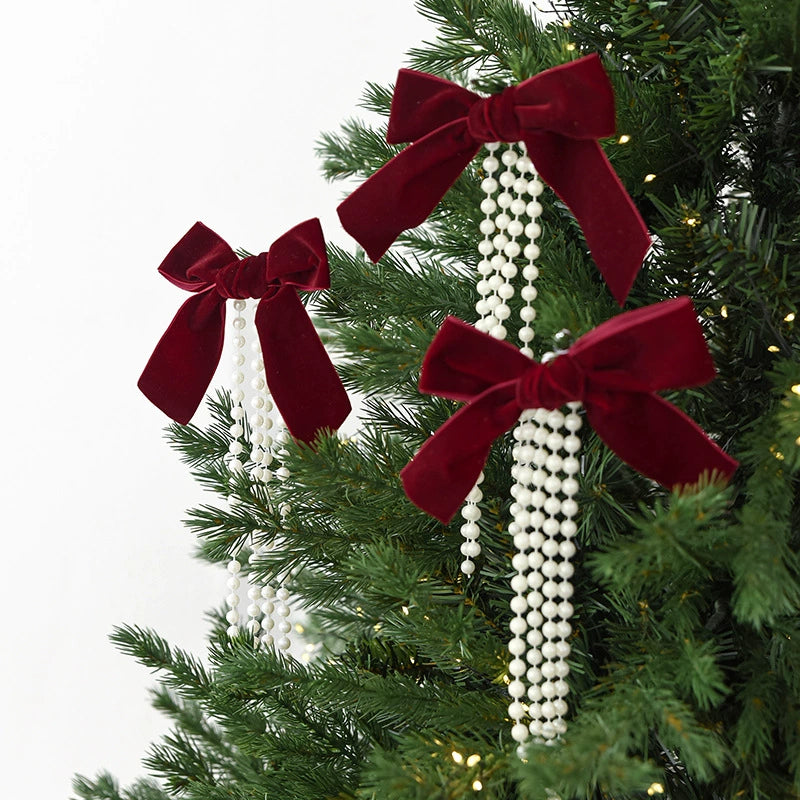 Christmas Pearl Bow Ornaments Set - 3 Sizes (20", 15", 10") in Burgundy, Forest Green & Cream - Elegant Tree & Window Decor for Holidays, Weddings & Home