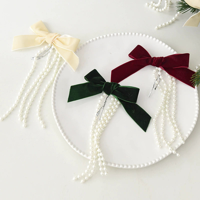 Christmas Pearl Bow Ornaments Set - 3 Sizes (20", 15", 10") in Burgundy, Forest Green & Cream - Elegant Tree & Window Decor for Holidays, Weddings & Home
