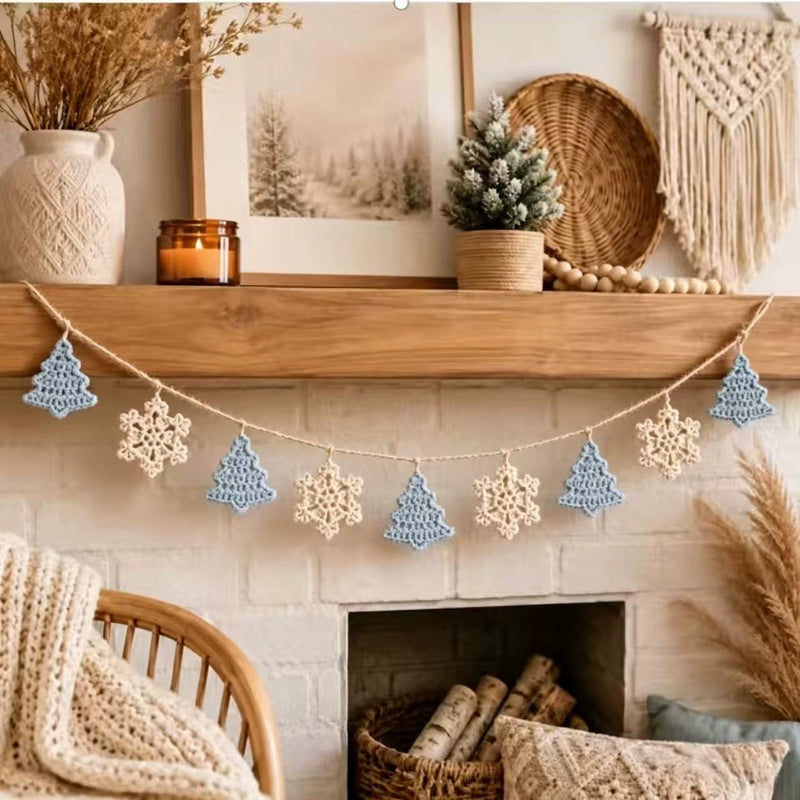 Handwoven Christmas Banner Garland, 79" Snowflake & Tree Holiday Decor, Reusable Party Decoration for Home, Wedding, Coffee Shop