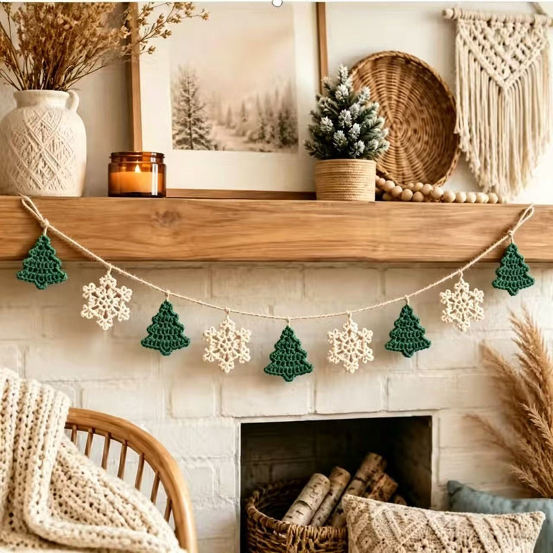 Handwoven Christmas Banner Garland, 79" Snowflake & Tree Holiday Decor, Reusable Party Decoration for Home, Wedding, Coffee Shop