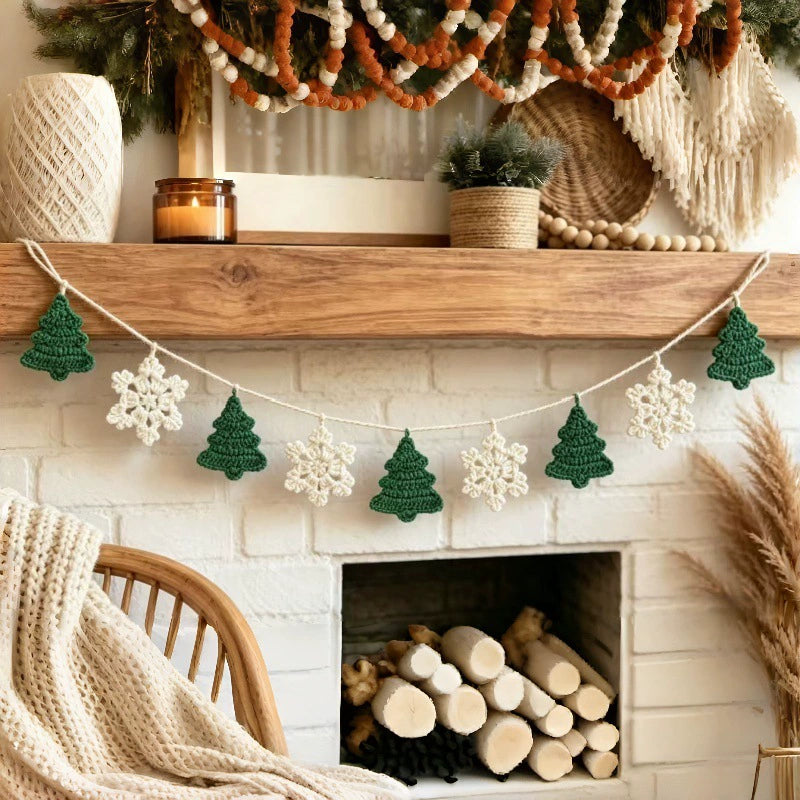 Handwoven Christmas Banner Garland, 79" Snowflake & Tree Holiday Decor, Reusable Party Decoration for Home, Wedding, Coffee Shop