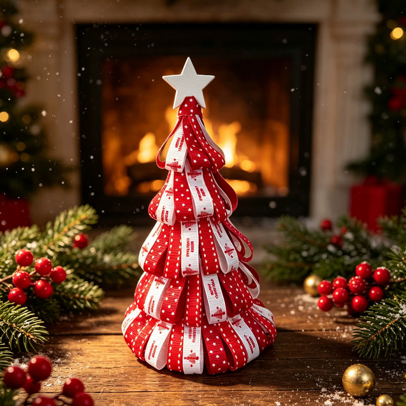 Mini Christmas Ribbon Tree Decor - 7" Tabletop Fireplace Centerpiece, Holiday Tray Arrangement for Weddings, Home & Seasonal Displays (3 Styles)