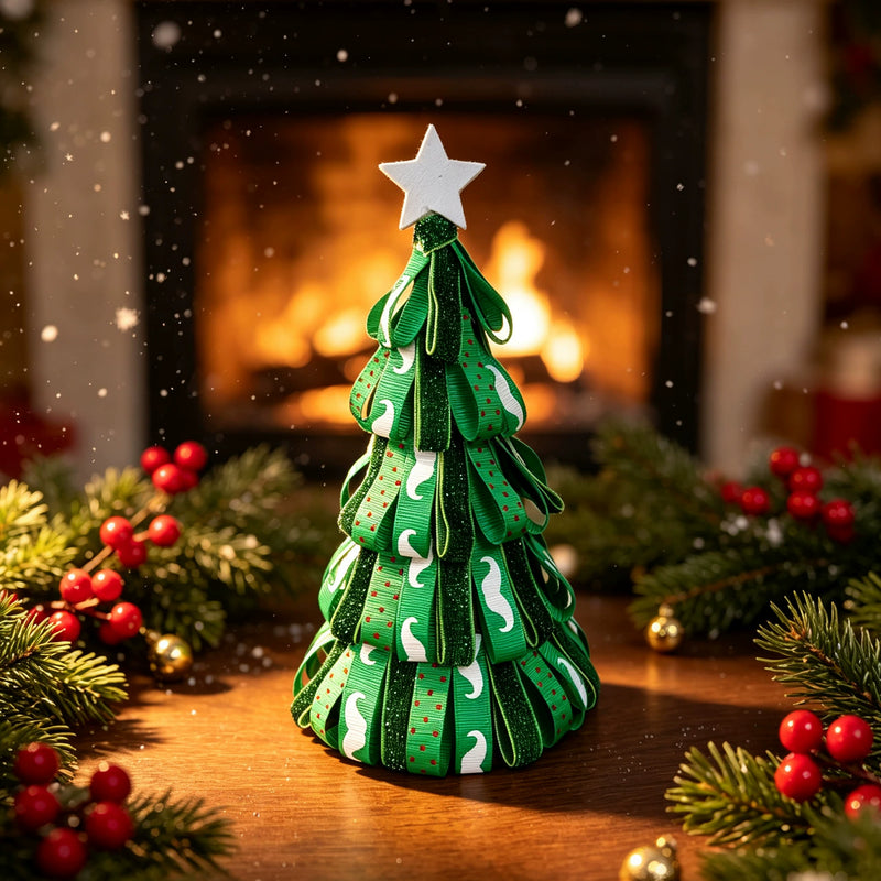 Mini Christmas Ribbon Tree Decor - 7" Tabletop Fireplace Centerpiece, Holiday Tray Arrangement for Weddings, Home & Seasonal Displays (3 Styles)