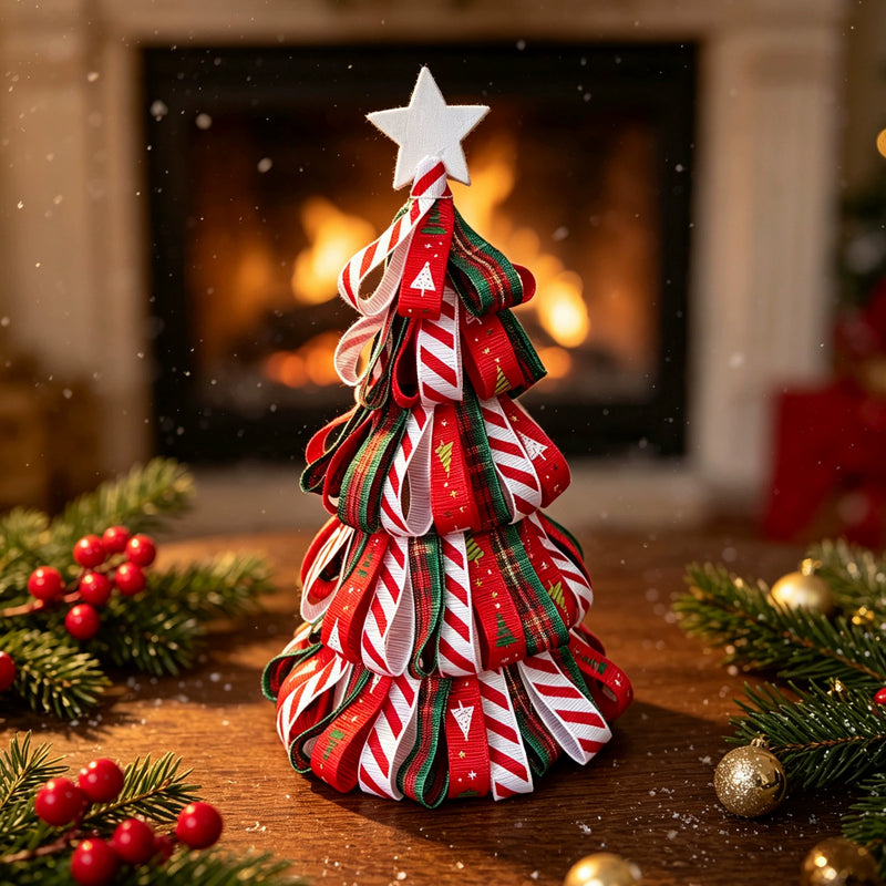 Mini Christmas Ribbon Tree Decor - 7" Tabletop Fireplace Centerpiece, Holiday Tray Arrangement for Weddings, Home & Seasonal Displays (3 Styles)