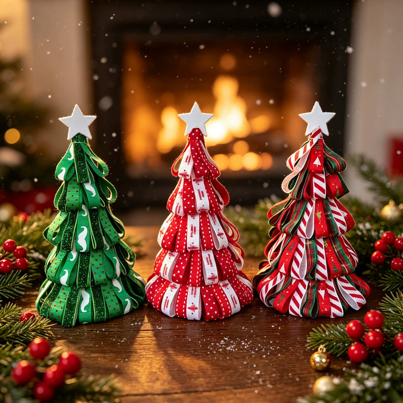 Mini Christmas Ribbon Tree Decor - 7" Tabletop Fireplace Centerpiece, Holiday Tray Arrangement for Weddings, Home & Seasonal Displays (3 Styles)