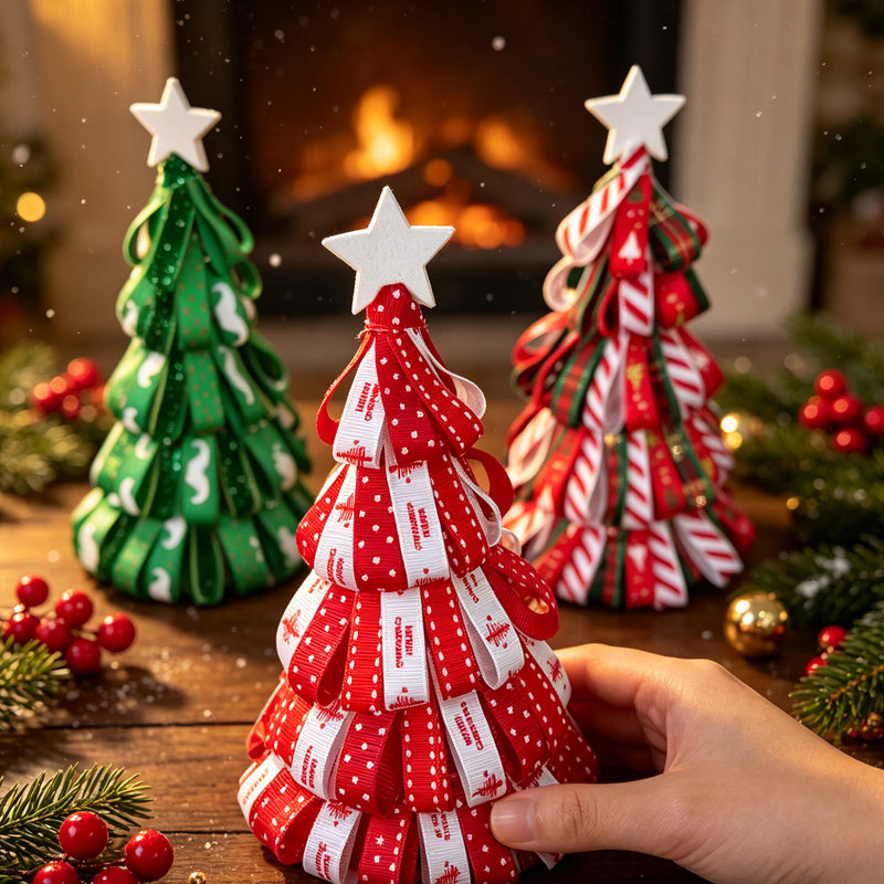 Mini Christmas Ribbon Tree Decor - 7" Tabletop Fireplace Centerpiece, Holiday Tray Arrangement for Weddings, Home & Seasonal Displays (3 Styles)
